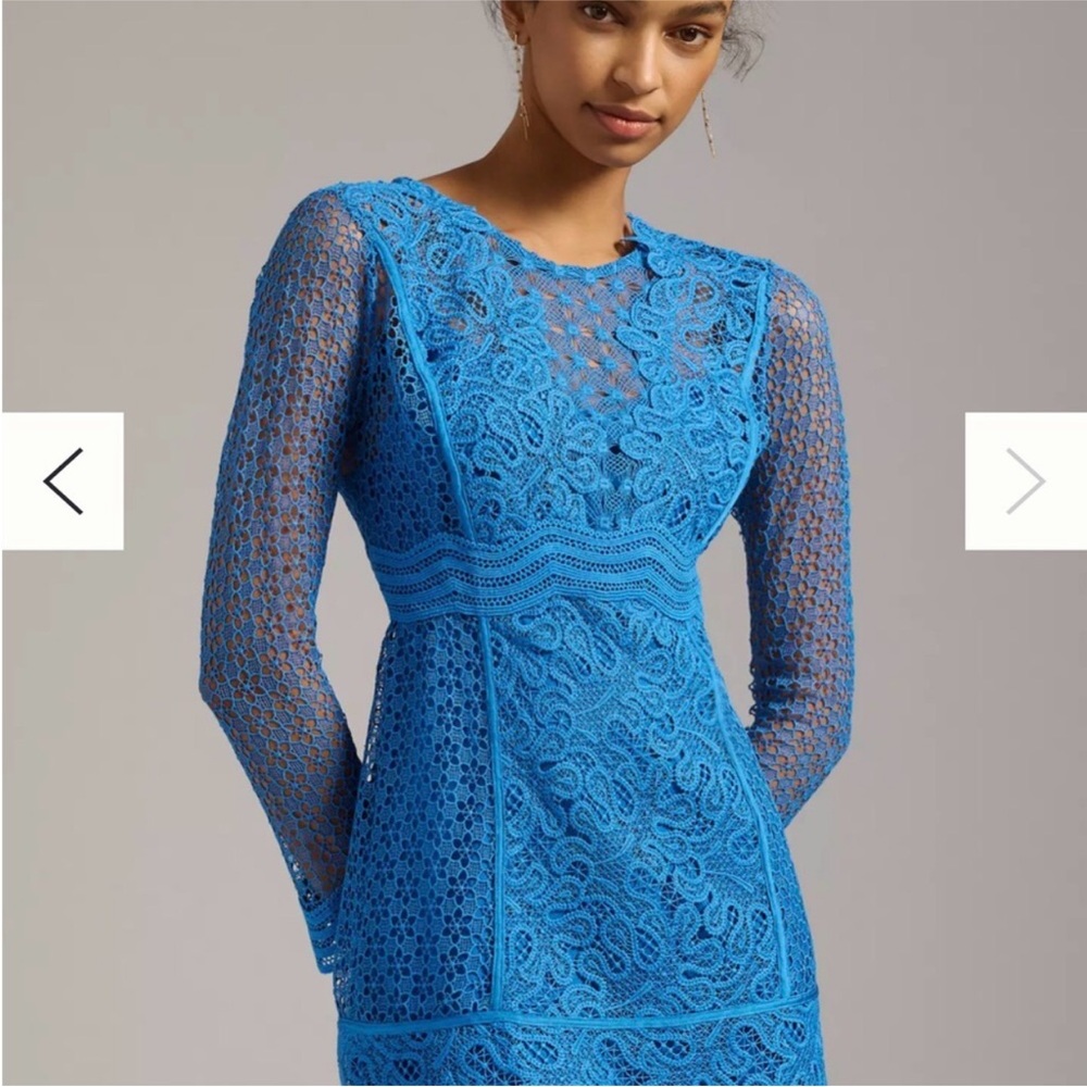 Anthropologie Blue sheer Lace Long-Sleeve Mini Dress